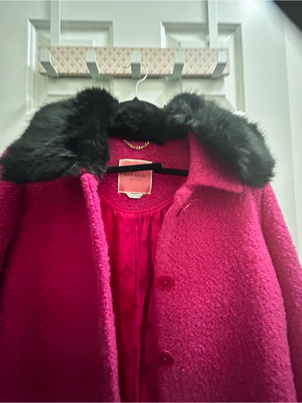kate spade Hot Pink Pea Coat with Black Faux Fur Collar